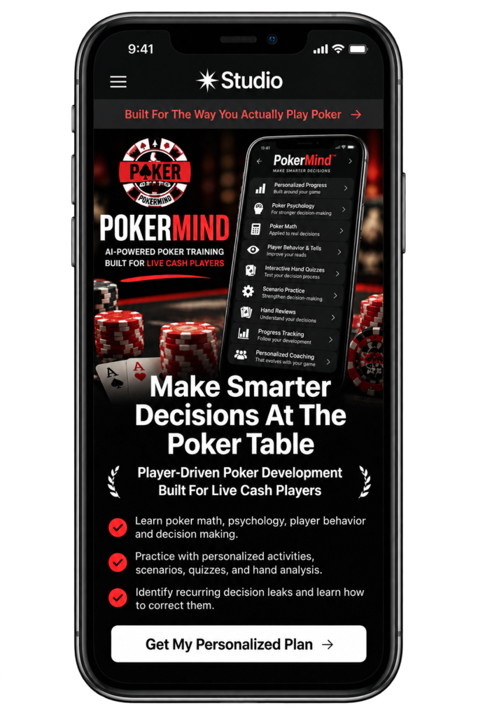 Personalized Poker Coaching with PokerMind, showing player-driven poker development, poker math, psychology, player behavior, hand analysis, and personalized training tools.
