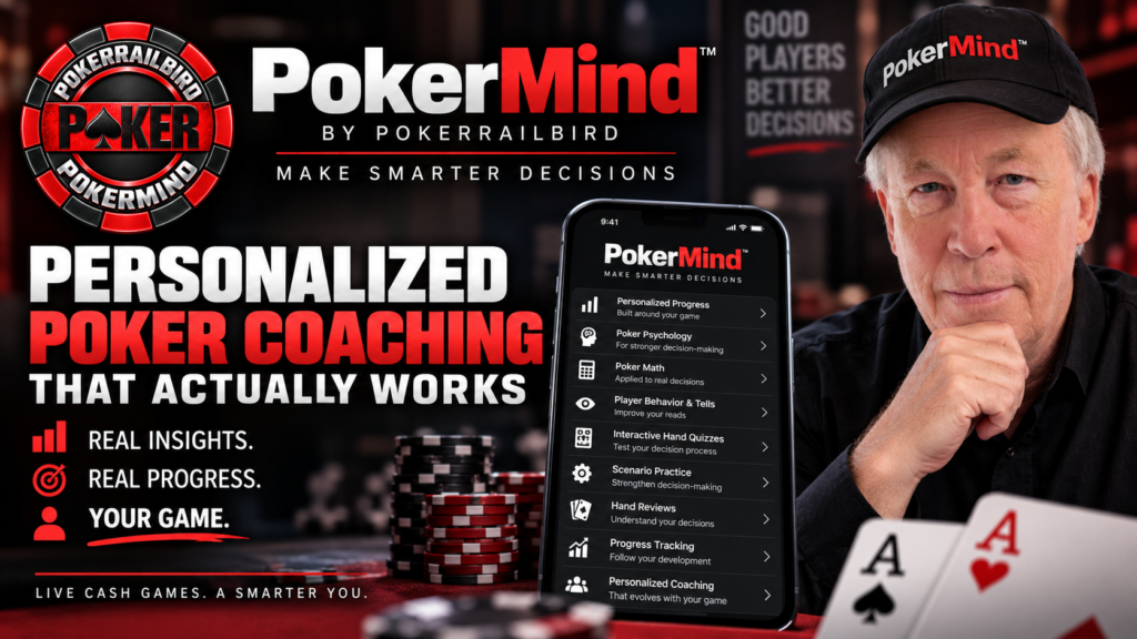 Personalized Poker Coaching with PokerMind, featuring Terry Wood, PokerMind coaching tools, poker math, psychology, player behavior, hand reviews, and progress tracking.