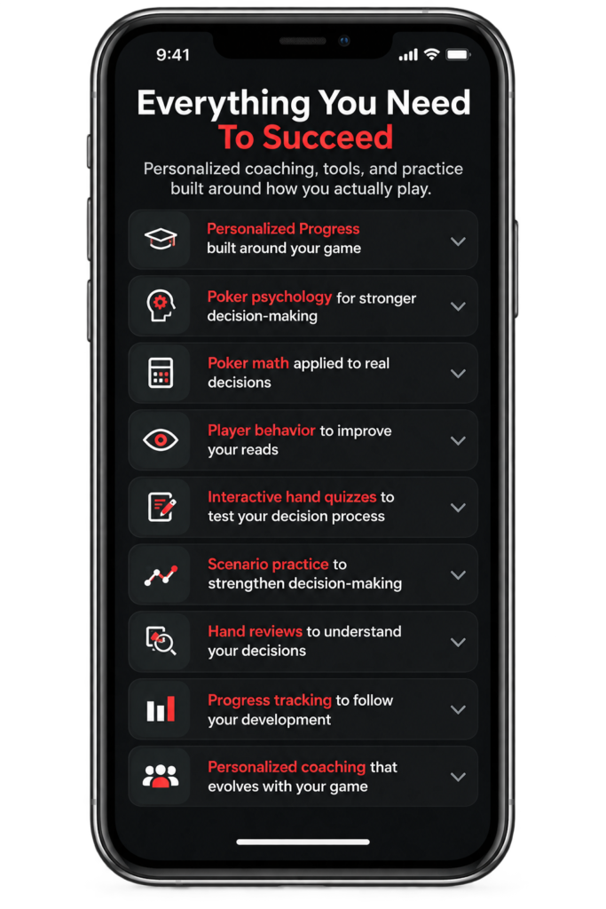 Personalized poker coaching with PokerMind featuring poker psychology, poker math, player behavior, hand quizzes, scenario practice, hand reviews, and progress tracking.