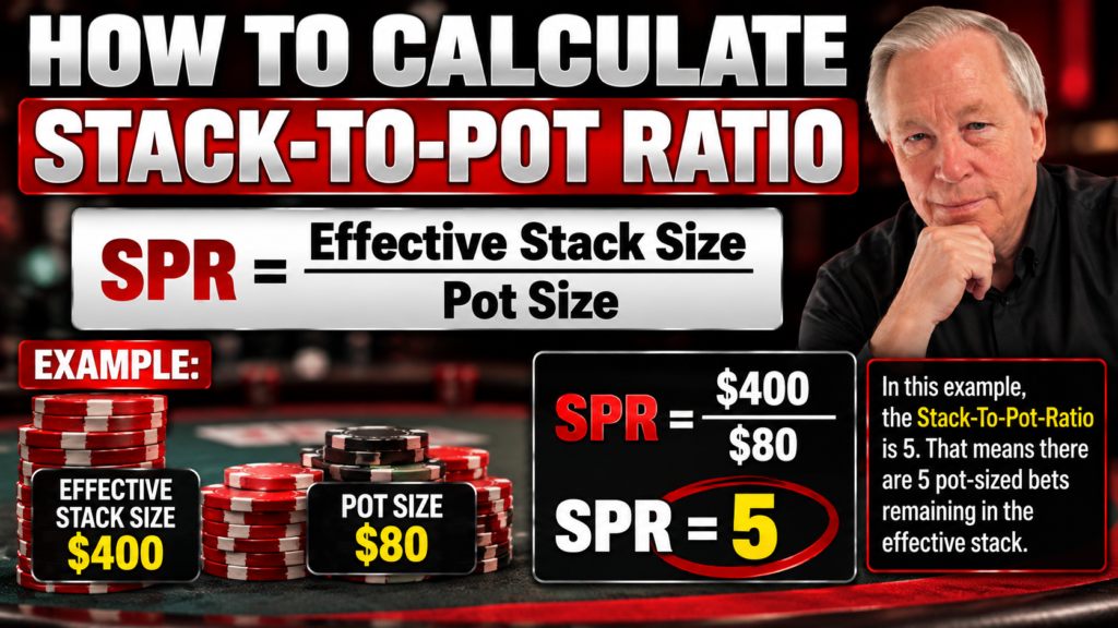 Stack-To-Pot-Ratio calculation showing effective stack size divided by current pot size to determine SPR in poker.