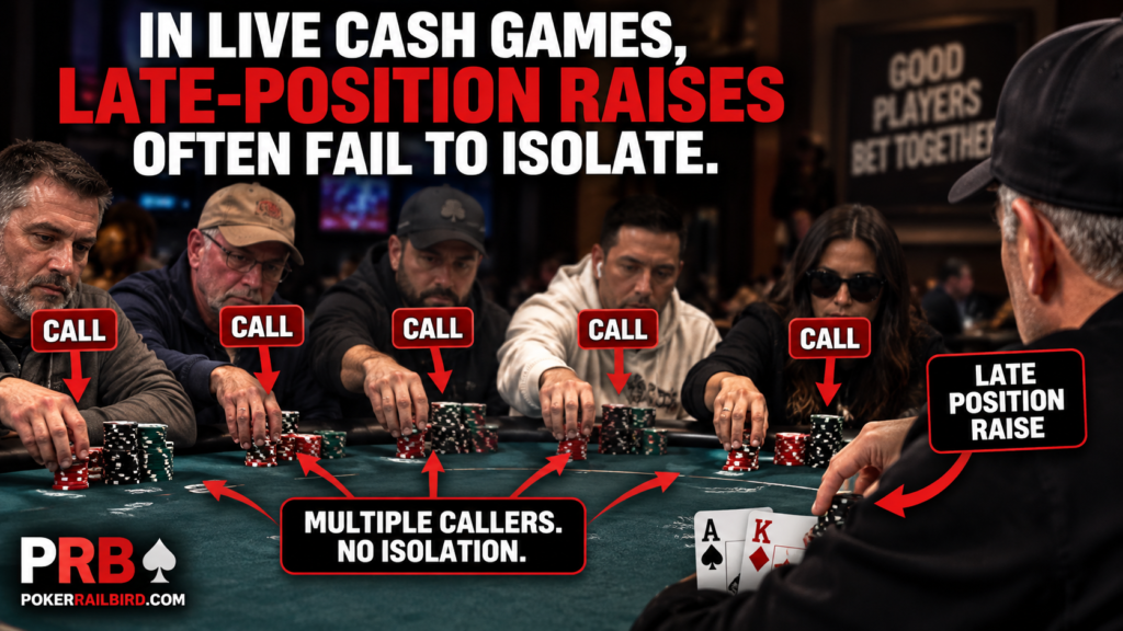 Always Raise Poker Rule illustrated by a late-position player raising with Ace-King as five opponents call, creating a multiway pot instead of isolating a single opponent.
