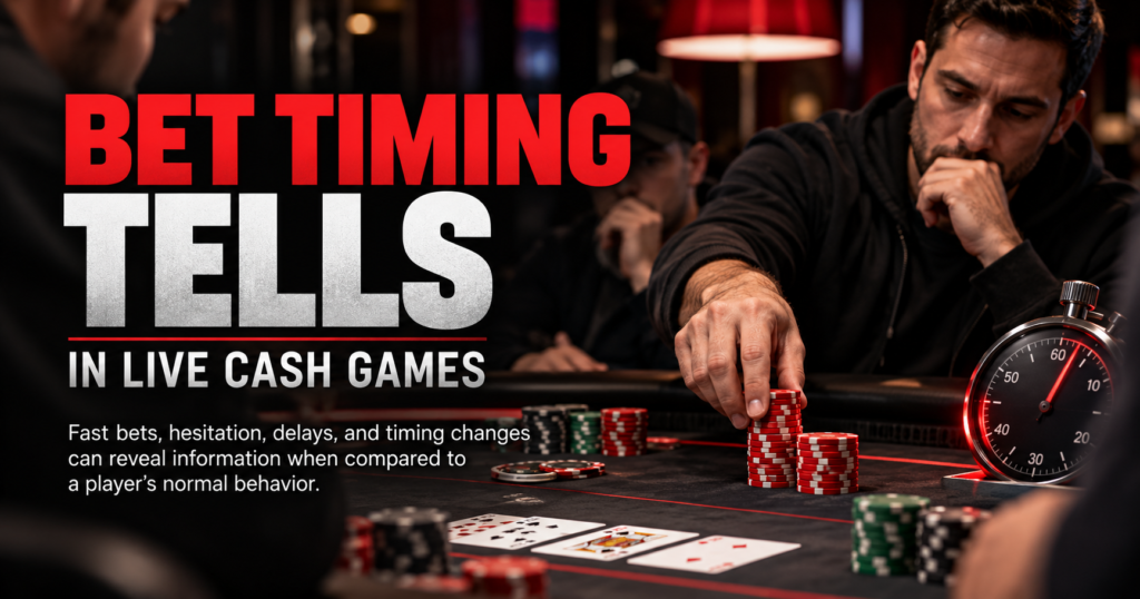 Bet Timing Tells in live cash games illustrated by poker players showing fast and delayed betting decisions at the table.