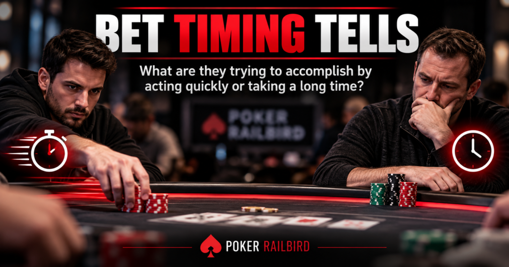Bet Timing Tells in live cash games illustrated by one poker player betting quickly while another hesitates, showing how timing can reveal a player's intentions.