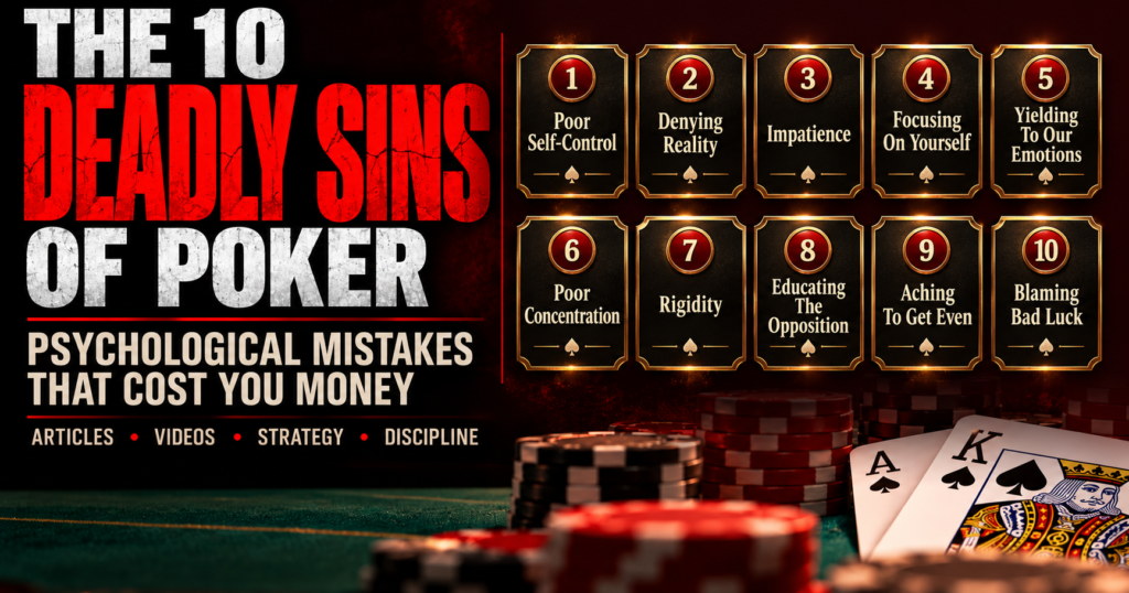Deadly Sins of Poker infographic illustrating ten psychological and behavioral mistakes that undermine discipline, decision-making, and performance in Texas Hold’em.