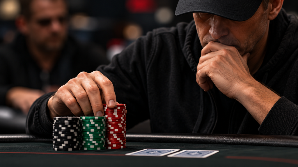 Defensive Chip Handling in Poker showing a player handling chips while waiting for action, a behavioral tell that can indicate weakness.