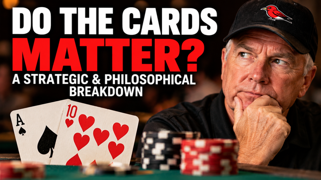 Do The Cards Matter in Poker? PokerRailbird examines poker strategy and mathematics, featuring pocket aces, poker chips, and a player evaluating his decisions at the table.