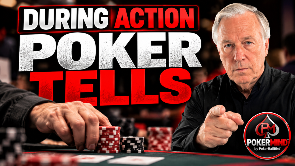 During Action Poker Tells in live cash games, showing a player handling chips at the poker table while Terry Wood illustrates poker tells and player behavior.