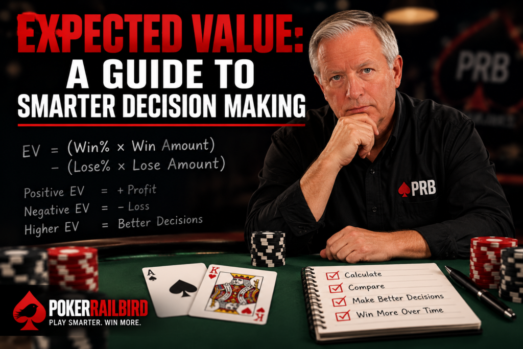 Expected Value in Poker graphic showing the EV formula, positive and negative EV, poker chips, playing cards, and decision-making concepts.
