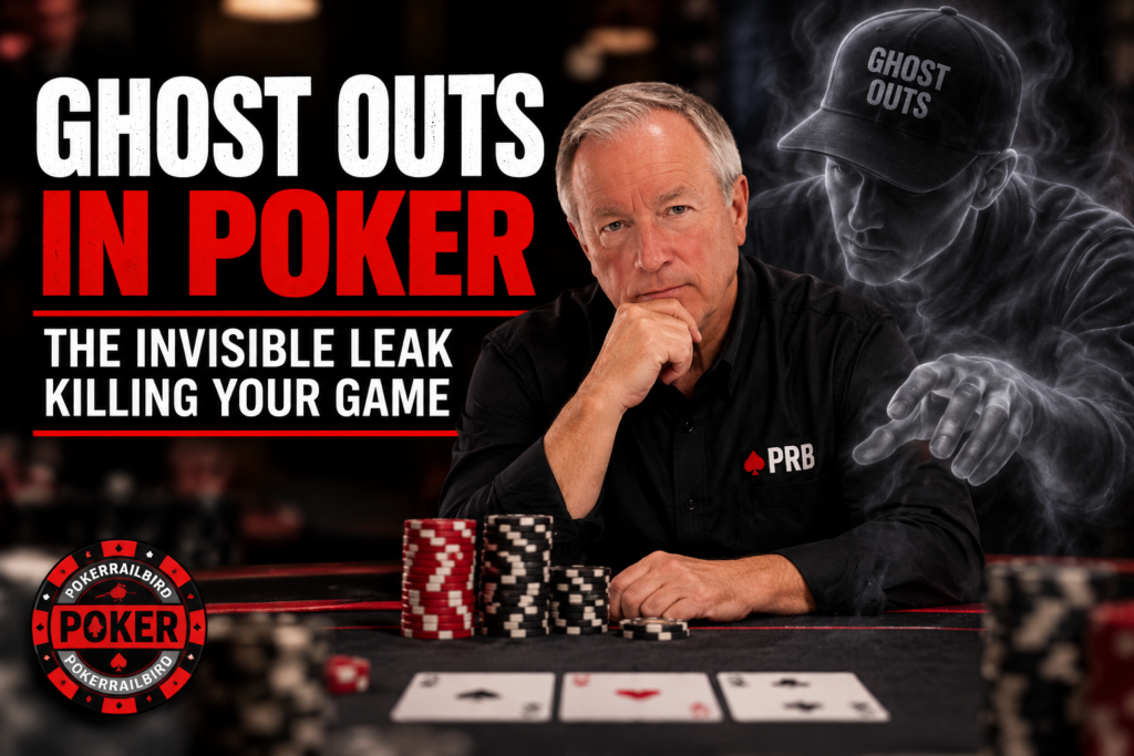 Ghost outs in poker illustration showing a player at the table with a ghostly figure representing hidden outs that can lead to costly poker decisions.