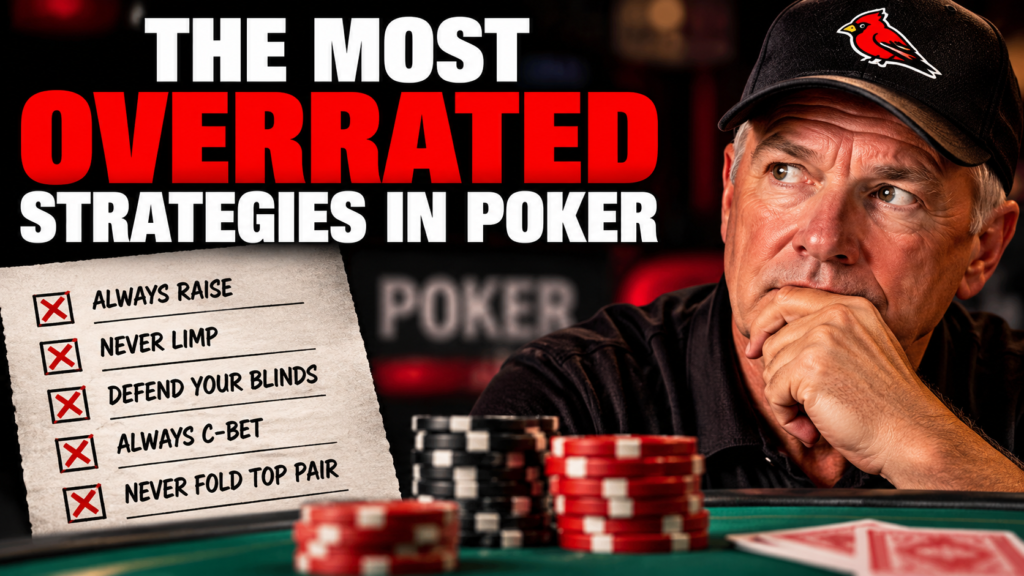 The Most Overrated Strategies In Poker: Common poker strategy myths, including always raising, never limping, defending blinds, and continuation betting, examined by a poker player at the table.