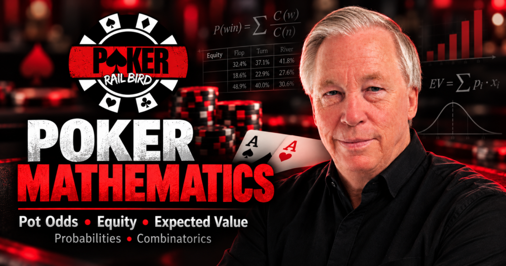 Poker Mathematics covering pot odds, equity, expected value, probabilities, and combinatorics, featuring Terry Wood, poker chips, and playing cards.