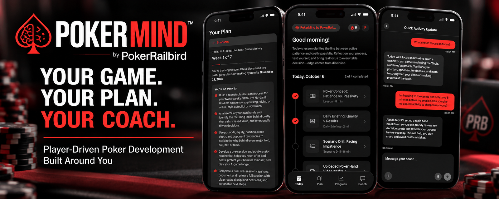 PokerMind personalized poker development showing your plan, daily activities, and PokerMind Coach