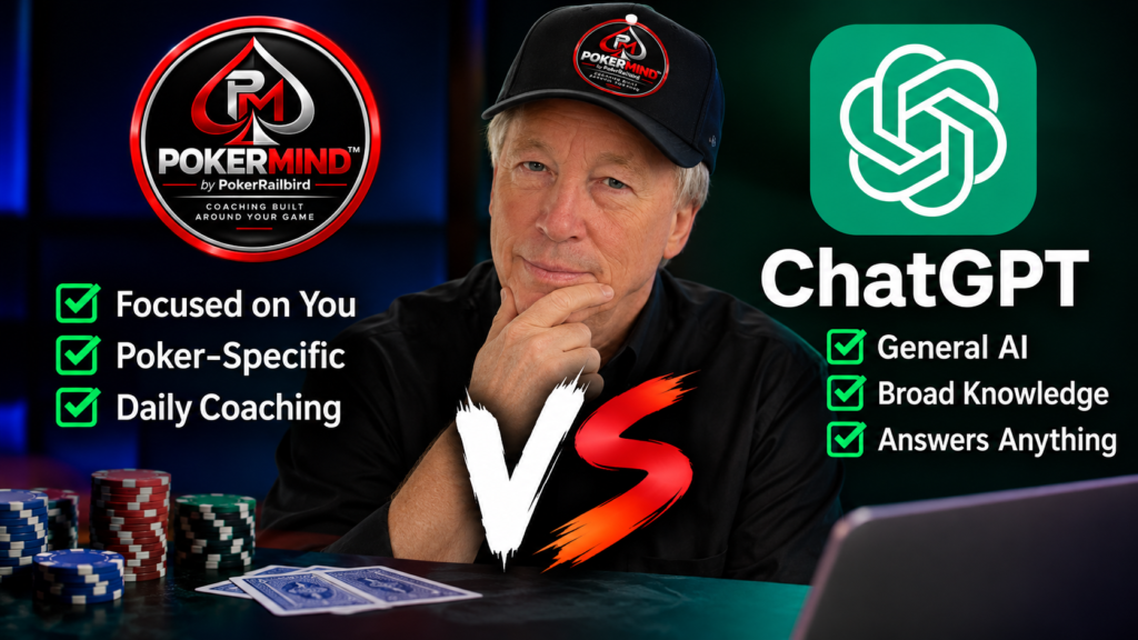 PokerMind vs ChatGPT comparison featuring Terry Wood wearing a PokerMind cap, with the PokerMind logo, personalized poker coaching features, and ChatGPT’s general-purpose AI capabilities displayed side by side.