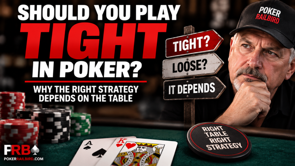 Playing Tight In Poker: PokerRailbird image showing a player considering tight versus loose poker strategies, with playing cards, poker chips, and table-dependent decision-making.