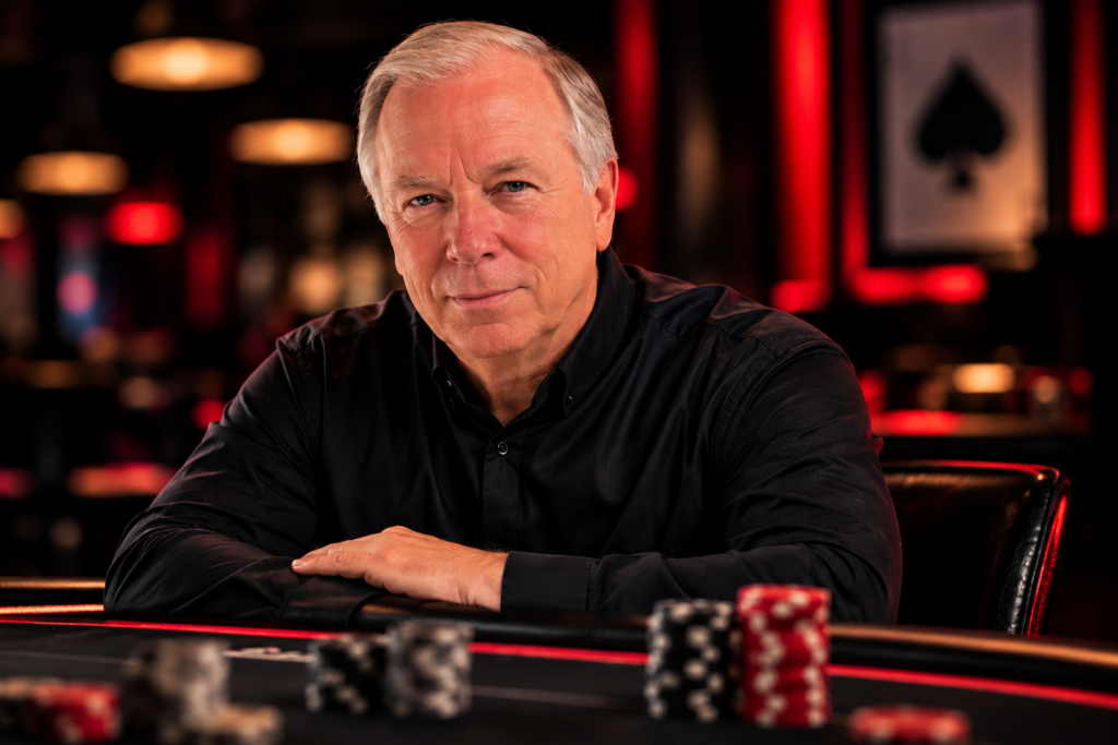 Terry Wood, founder of PokerRailbird, seated at a poker table in a dark casino setting with red accent lighting and stacks of poker chips, representing his experience in live cash game poker strategy.