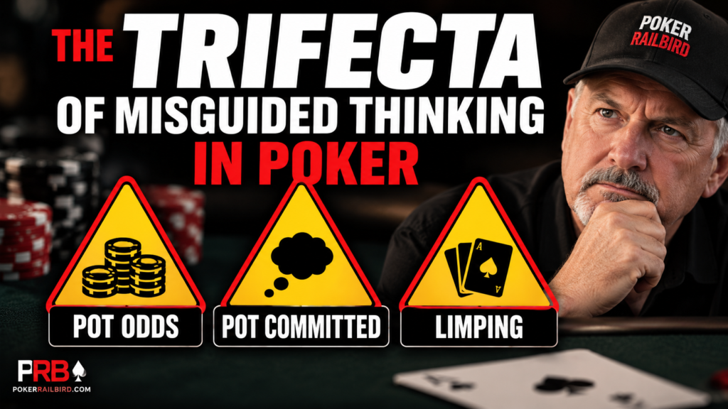 Pot Odds VS Pot Committed and limping in poker: three commonly misapplied concepts illustrated with warning symbols, poker chips, playing cards, and a PokerRailbird player.