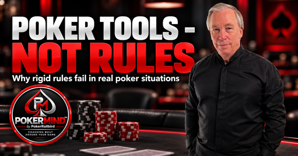 oker Tools-Not Rules featuring a player in a black shirt beside poker chips, playing cards, and the PokerMind logo.