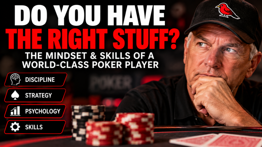 Winning Poker Mindset: The discipline, strategy, psychology, and skills of a successful poker player, illustrated by a thoughtful player at the poker table with chips and cards.